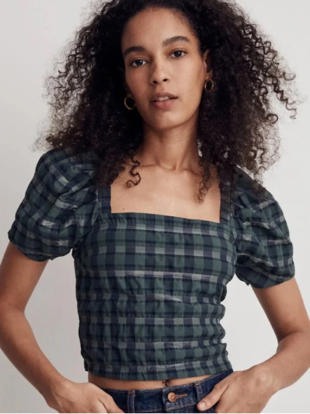 Madewell Hopewell Puff-Sleeve Crop Top in Plaid